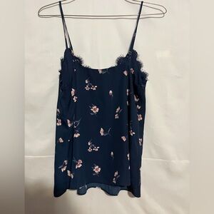 Socialite women lace floral cami tank navy blue spaghetti strap flouncy Y2K‎ 90s